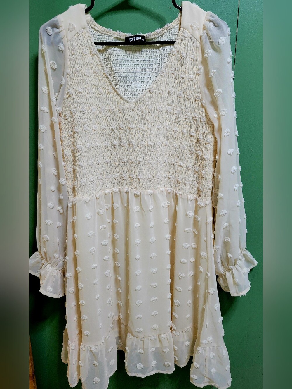 Textured Cream Midi Dress with Smocked Bodice